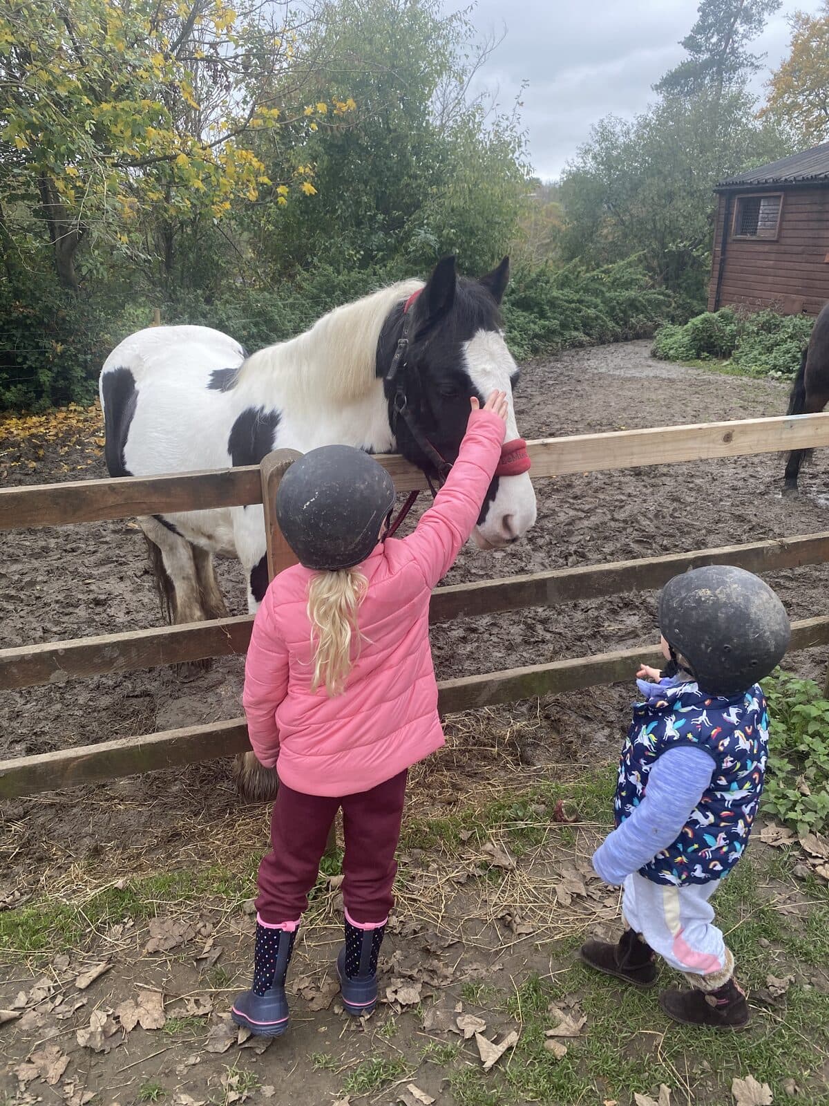 Two children in riding hats meeting a piebald pony at a yard fence.